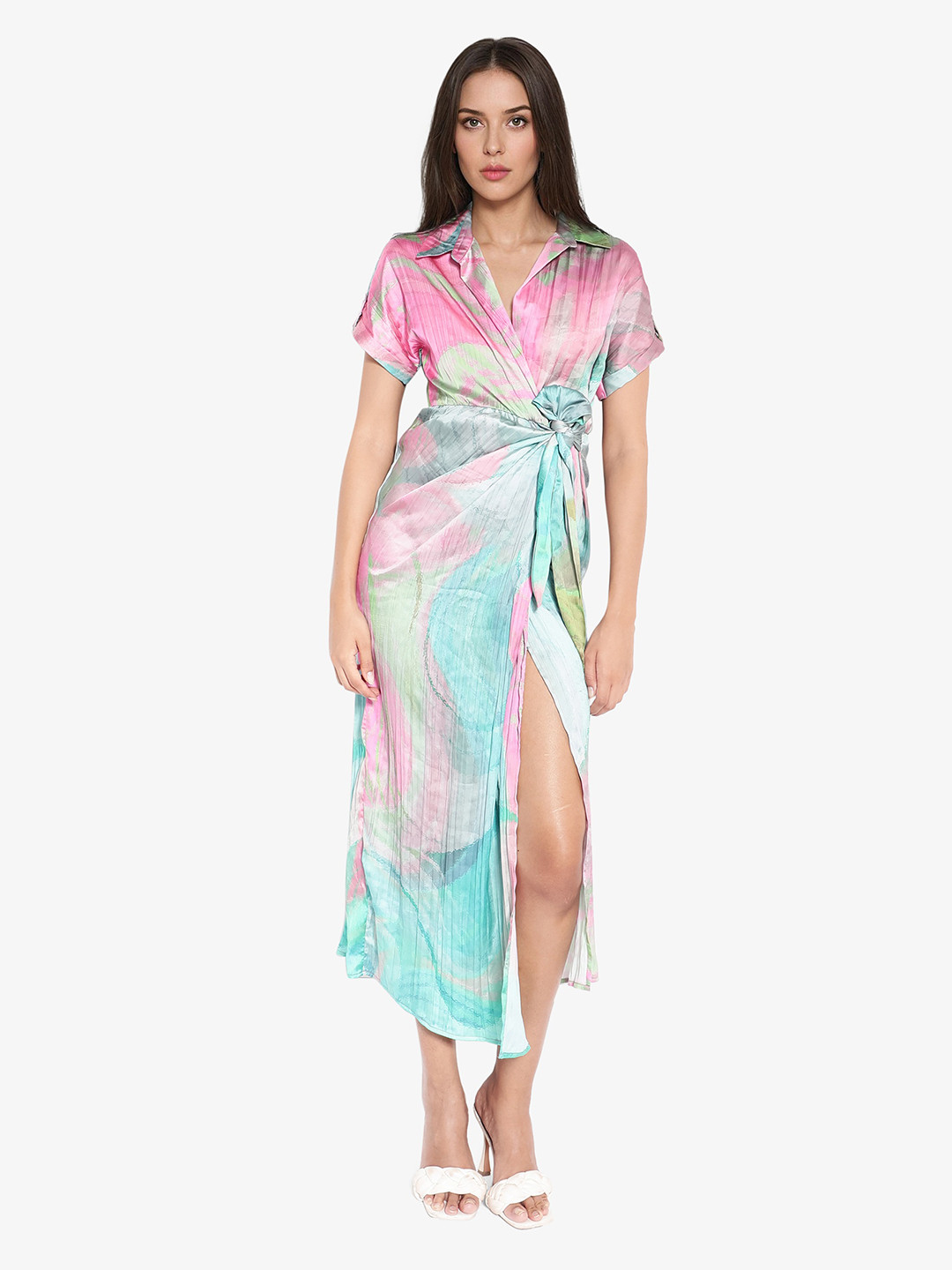 RAREISM Shirt Collar Printed Maxi Wrap Dress