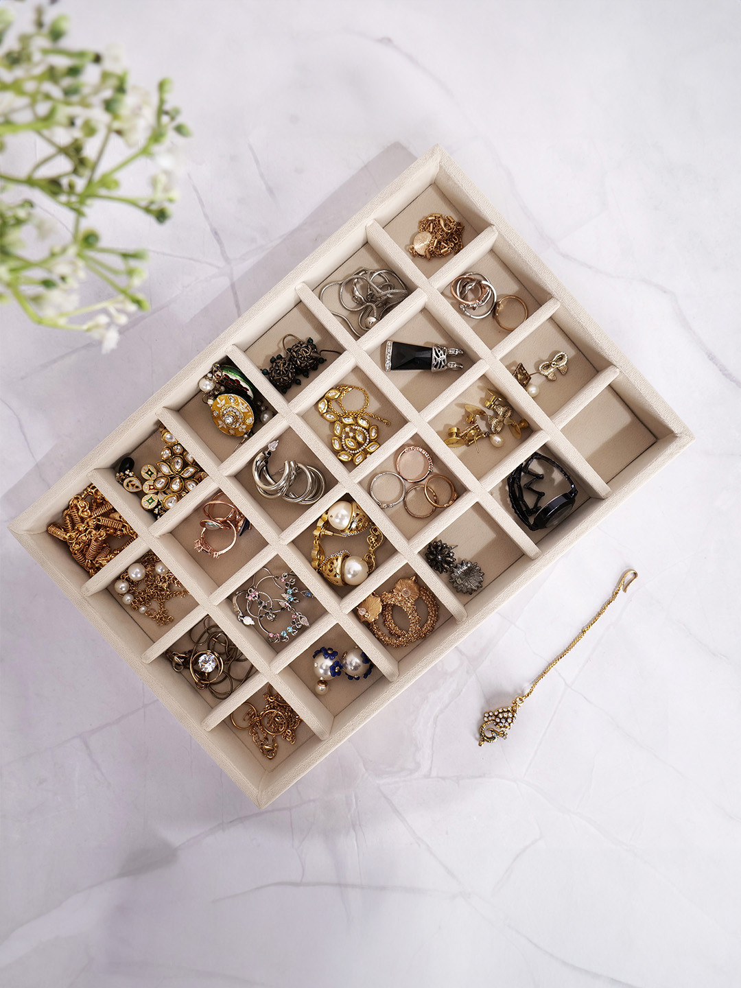 La Trove 24 Grid Cream Big Jewellery Velvet Organizer Tray