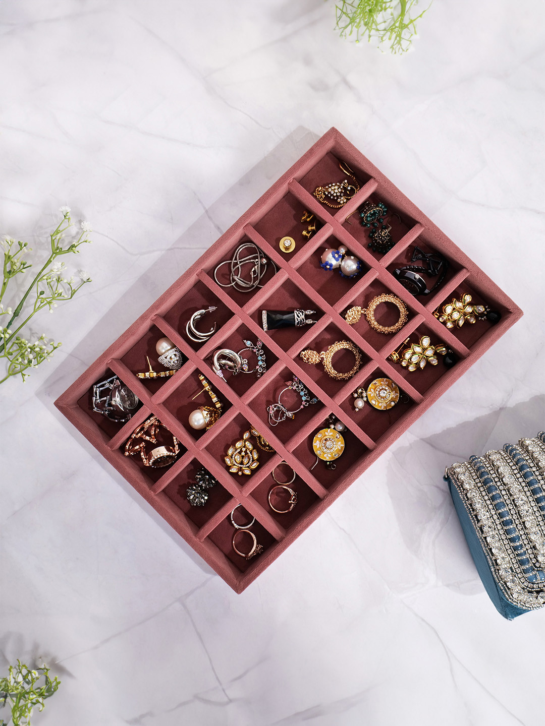 La Trove 24 Grid Darkpink Big Jewellery Velvet Organizer Tray