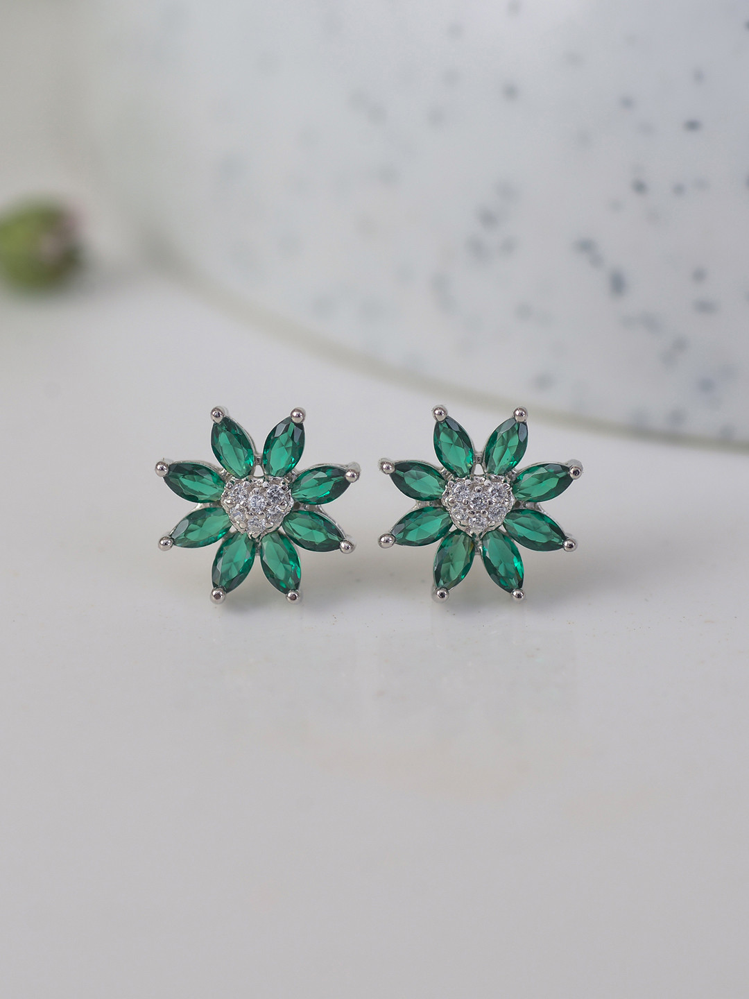 Ornate Jewels 925 Sterling Silver Emerald Flower Stud Earrings