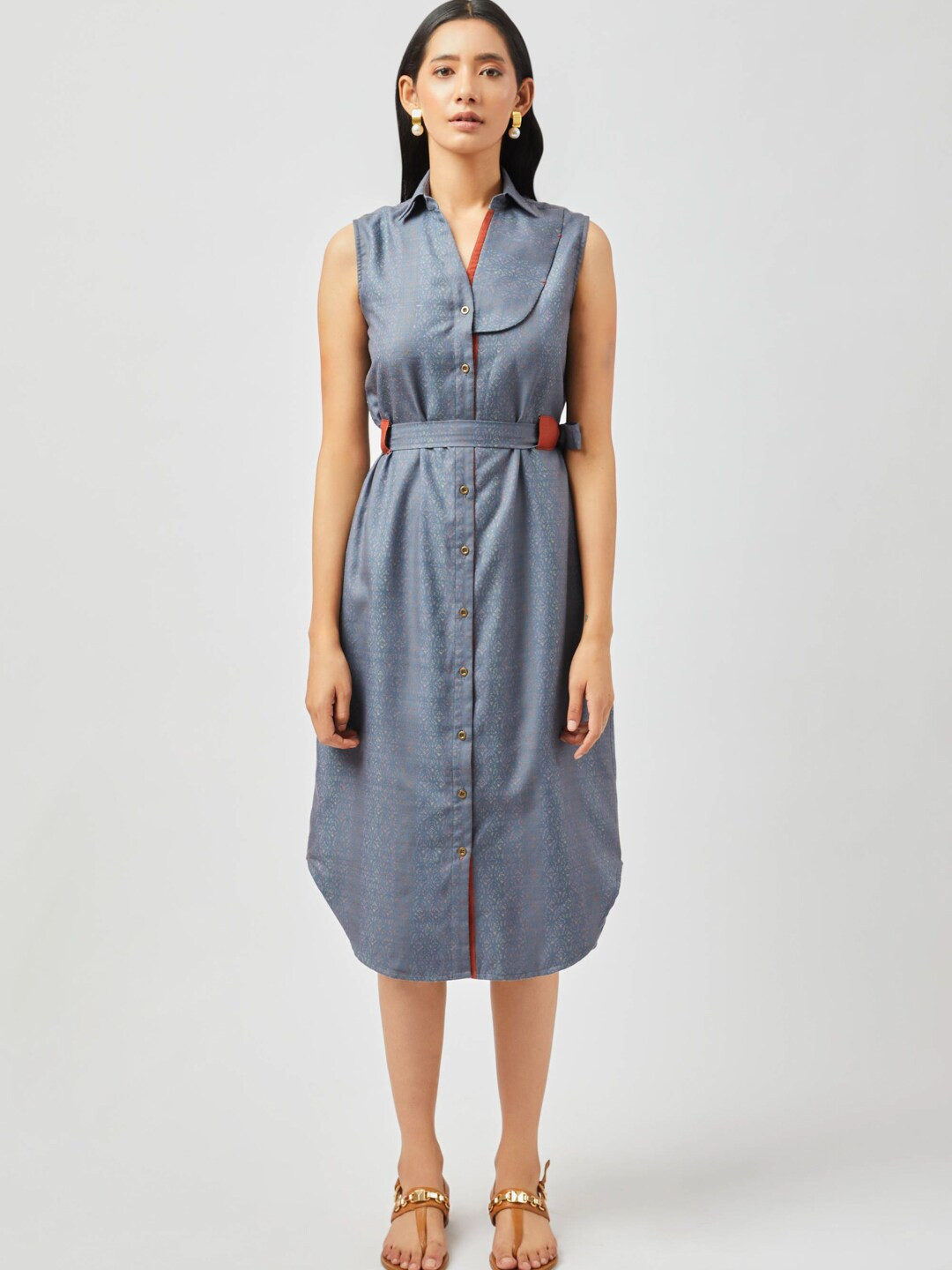 Contemponari Linen Shirt Collar Shirt Midi Casual Dress