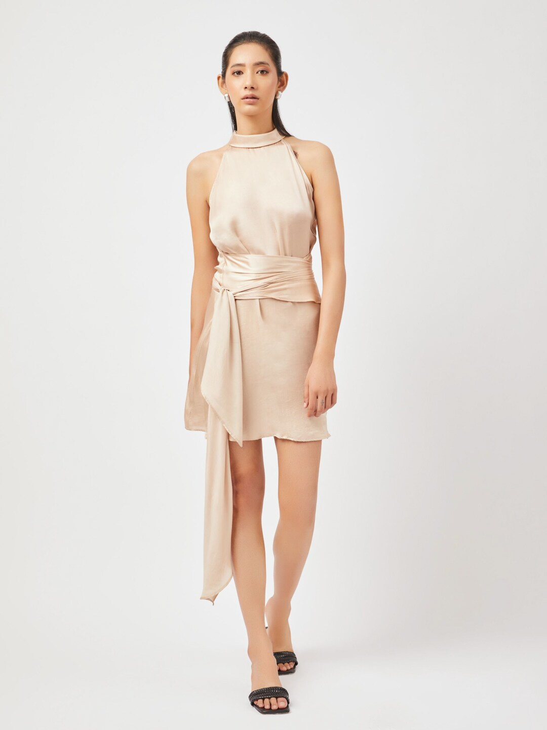 Contemponari Halter Neck Satin Sheath Casual Dress