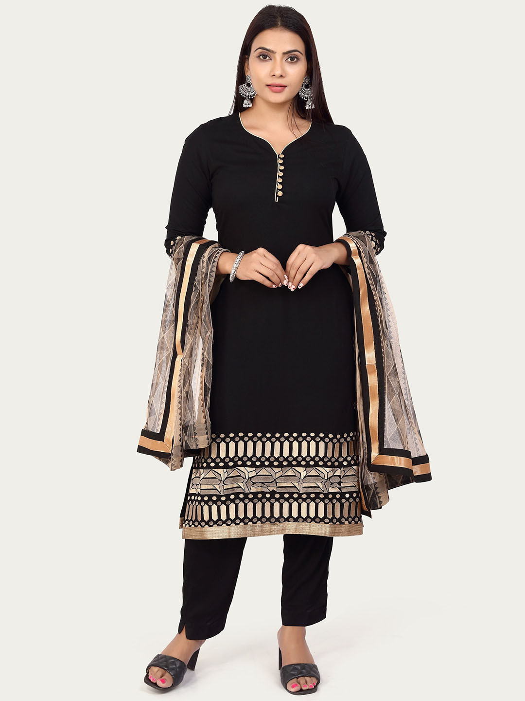 COTTON CULTURE Geometric Printed V-Neck Straight Kurta with Palazzos & Dupatta