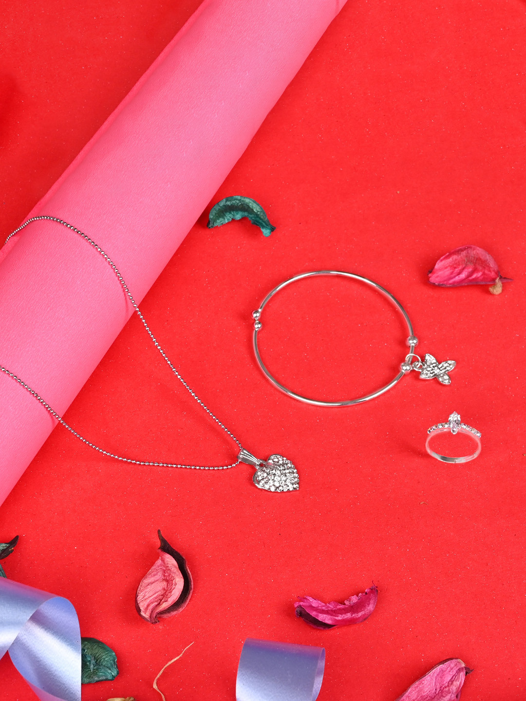 LOOM LEGACY Silver-Plated Stone- Studded Jewellery Set