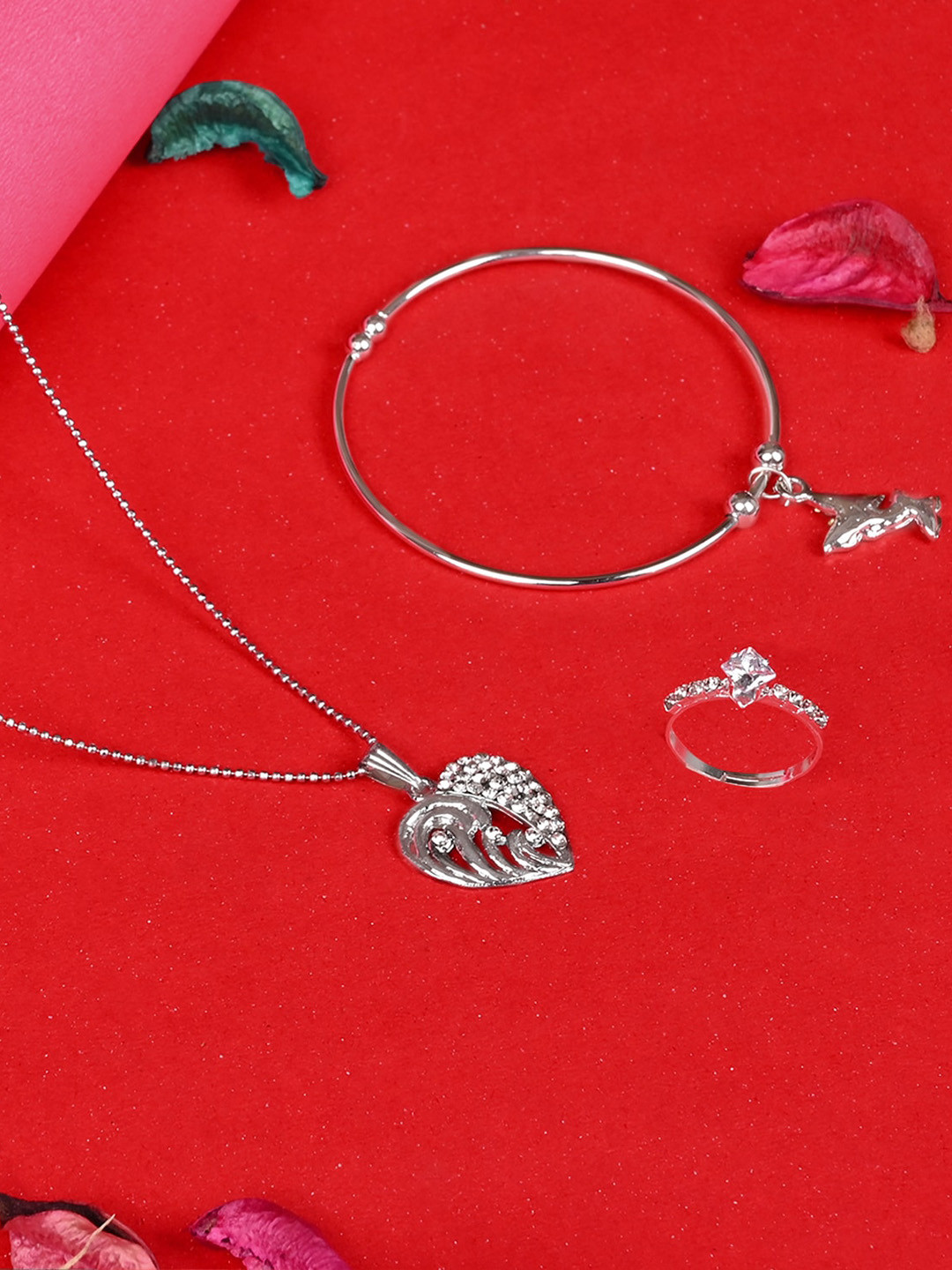 LOOM LEGACY Silver Plated & Stone Studded Jewellery Set