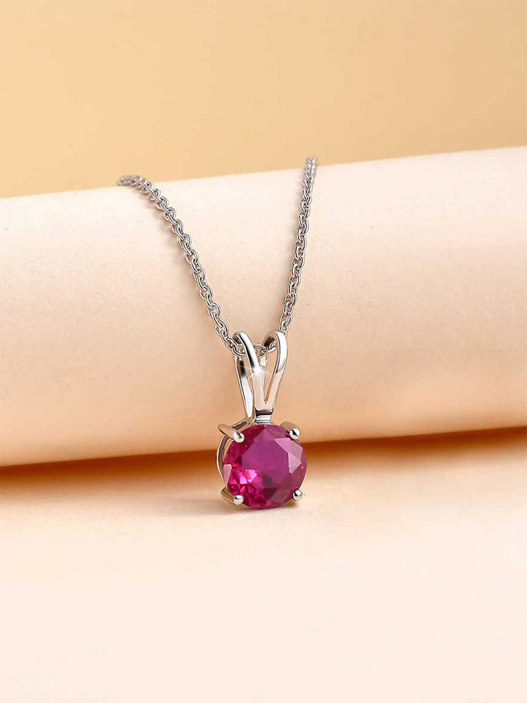 Ornate Jewels 925 Silver Rhodium-Plated Ruby Solitaire Pendant with Chain