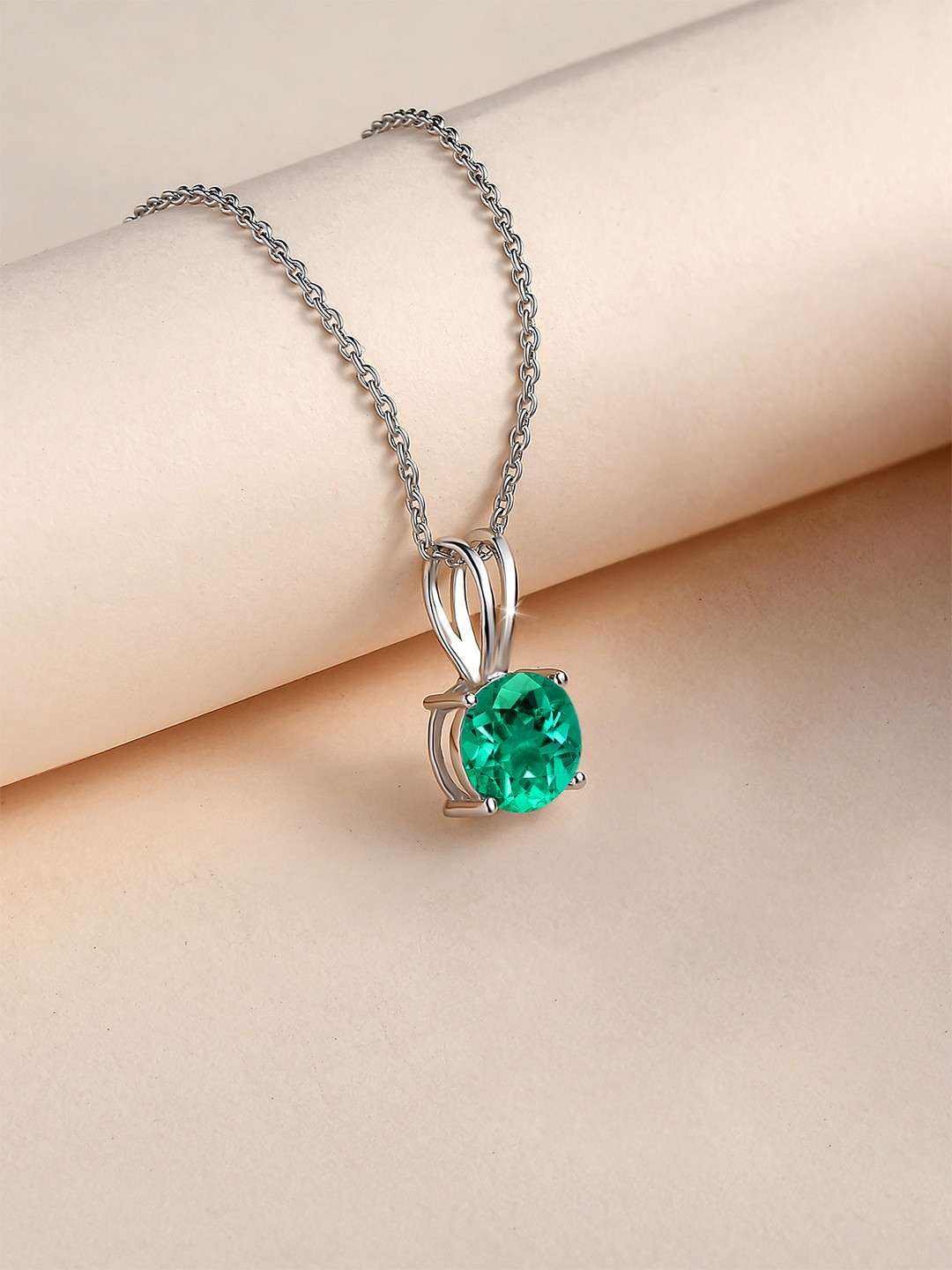 Ornate Jewels Silver Rhodium-Plated Emerald Solitaire Pendant with Chain