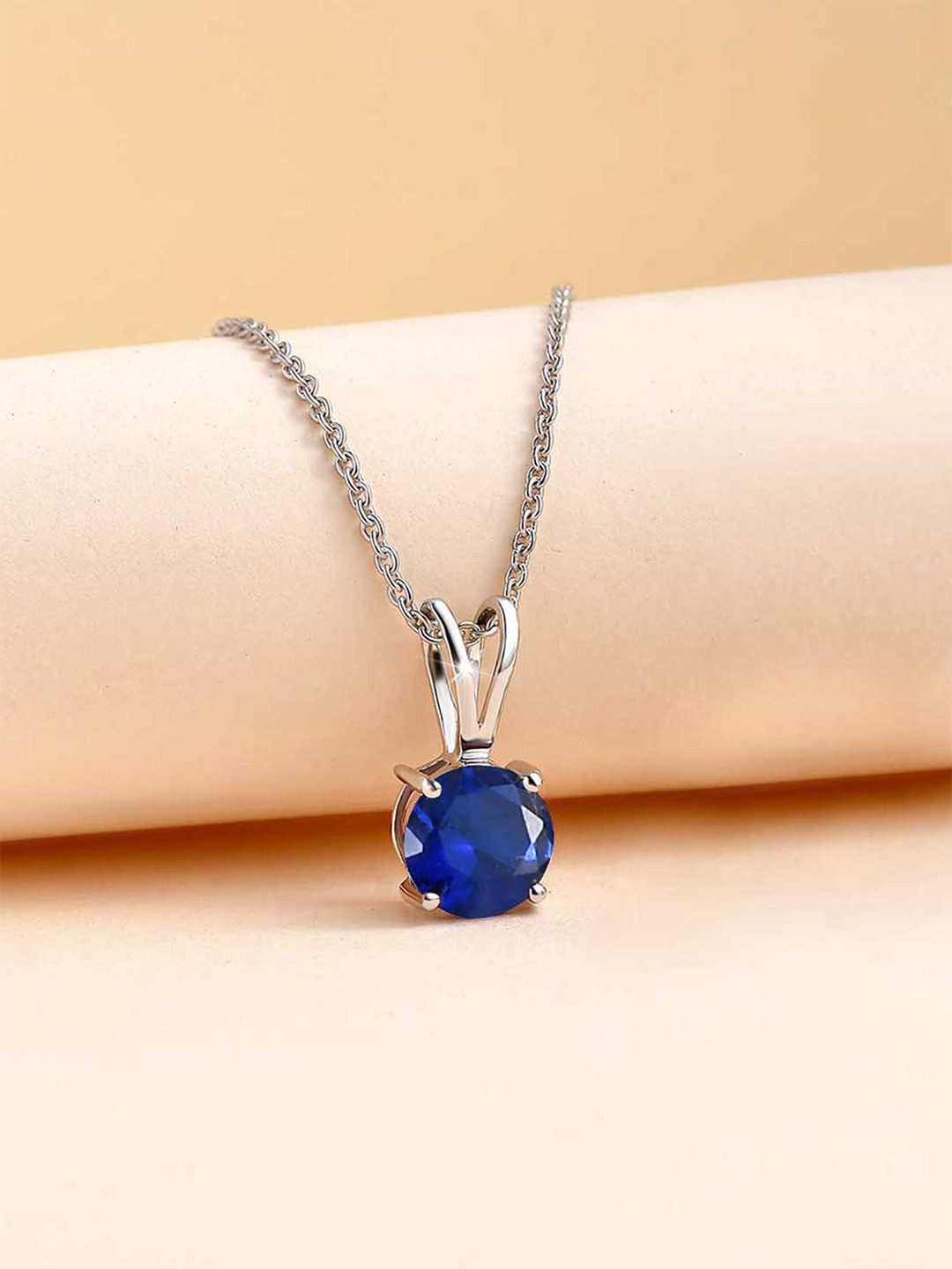 Ornate Jewels 925 Sterling Silver Rhodium-Plated Sapphire Solitaire Pendant with Chain