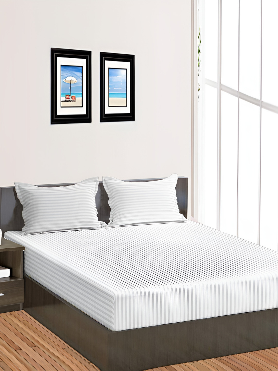 RRC White Striped Microfiber 144 TC Fitted Queen Bedsheet with 2 Pillow Covers-199 x 153 x 13 cm