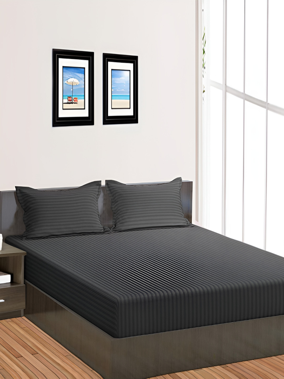 RRC Grey Striped Microfiber 144 TC Fitted King Bedsheet with 2 Pillow Covers-199 x 183 x 13 cm