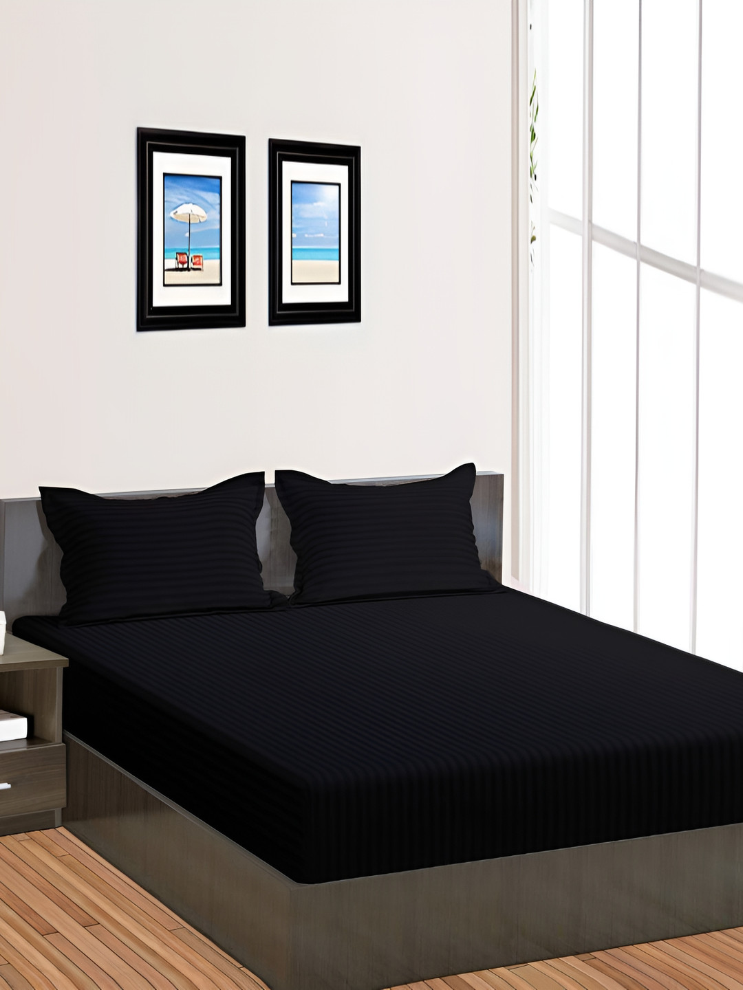 RRC Black Striped Microfiber 144 TC Fitted Queen Bedsheet with 2 Pillow Covers-199 x 153 x 13 cm