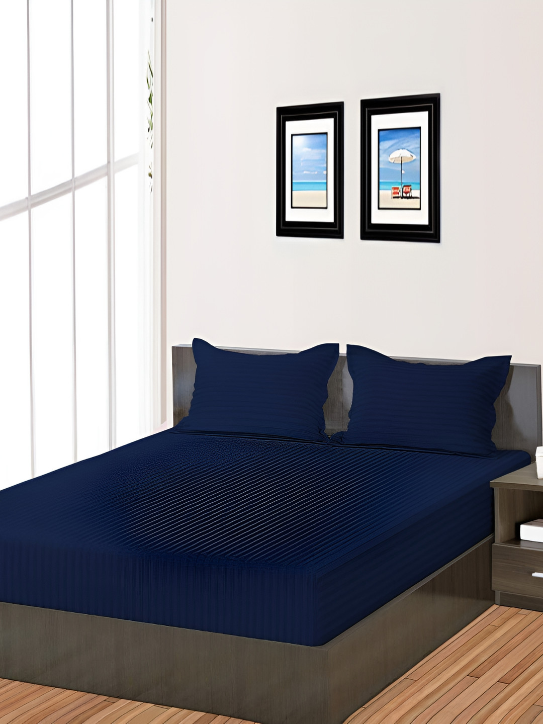 RRC Rahat Azmina Jaal Navy Blue Striped Microfiber 144 TC Fitted King Bedsheet with 2 Pillow Covers-199 x 183 x 13 cm