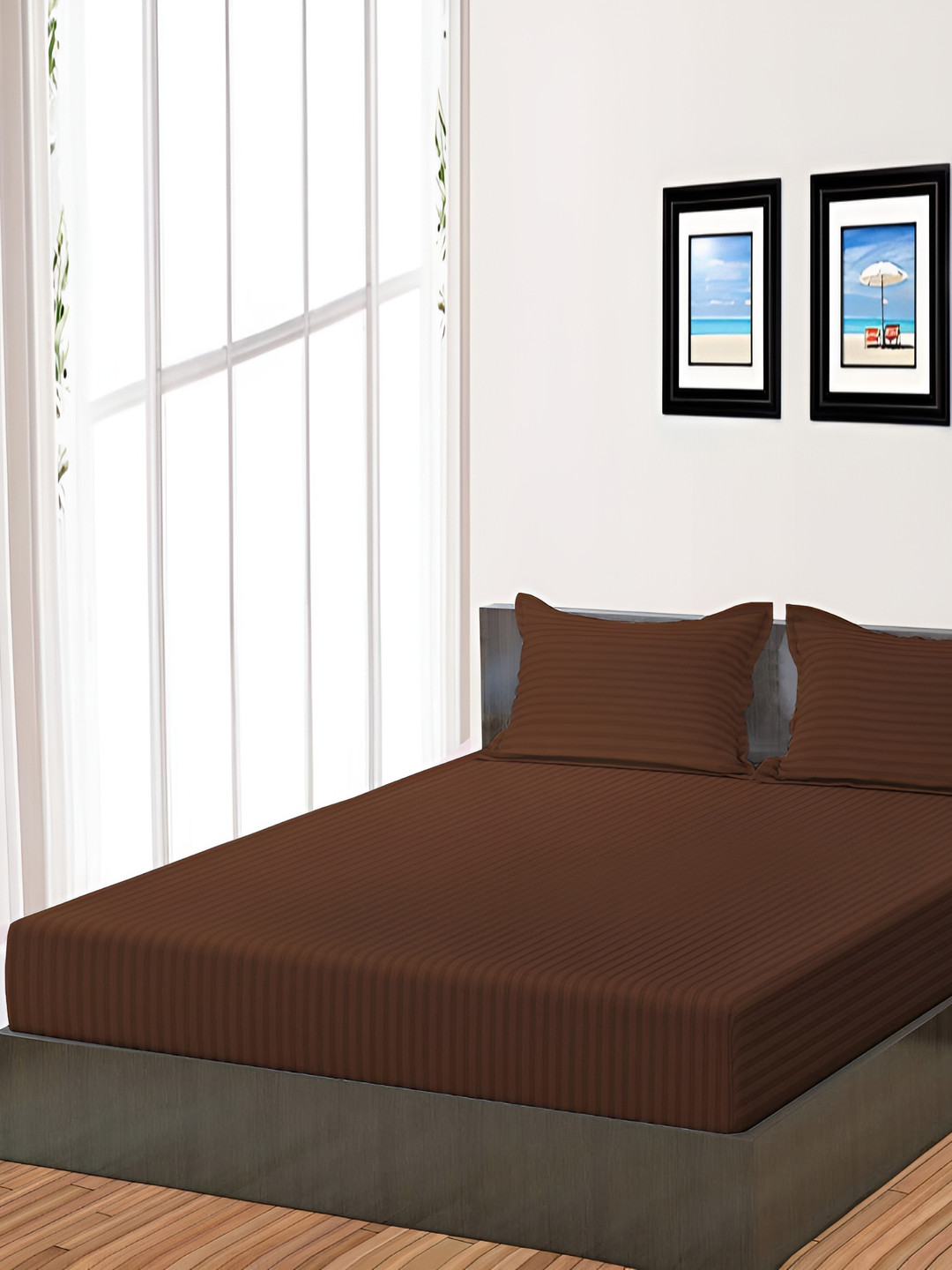 RRC Coffee Brown Striped Microfiber 144 TC Fitted Queen Bedsheet with 2 Pillow Covers-78 x 60 inches