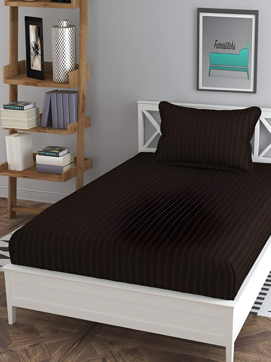 RRC Black Striped Microfiber 144 TC Fitted Single Bedsheet with a Pillow Cover-78 x 36 inches