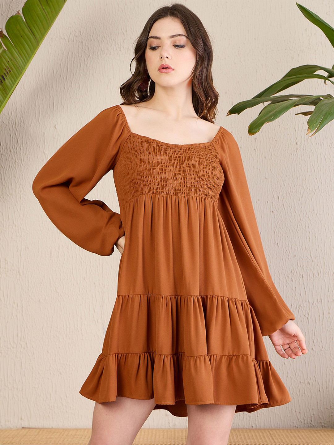 MAGRE Flex Fit Square Neck Long Cuffed Sleeves Flared Smoking Dress