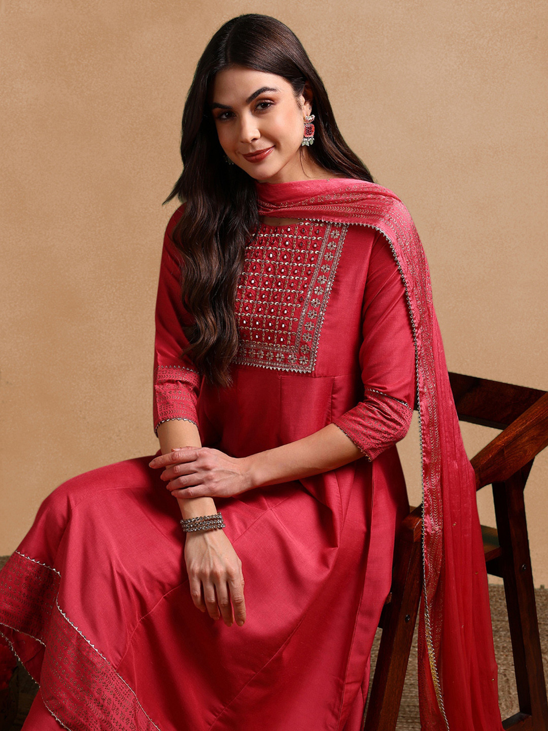 AHIKA Rose Embroidered Yoke Design Mirror Work Anarkali Kurta With Trousers & Dupatta