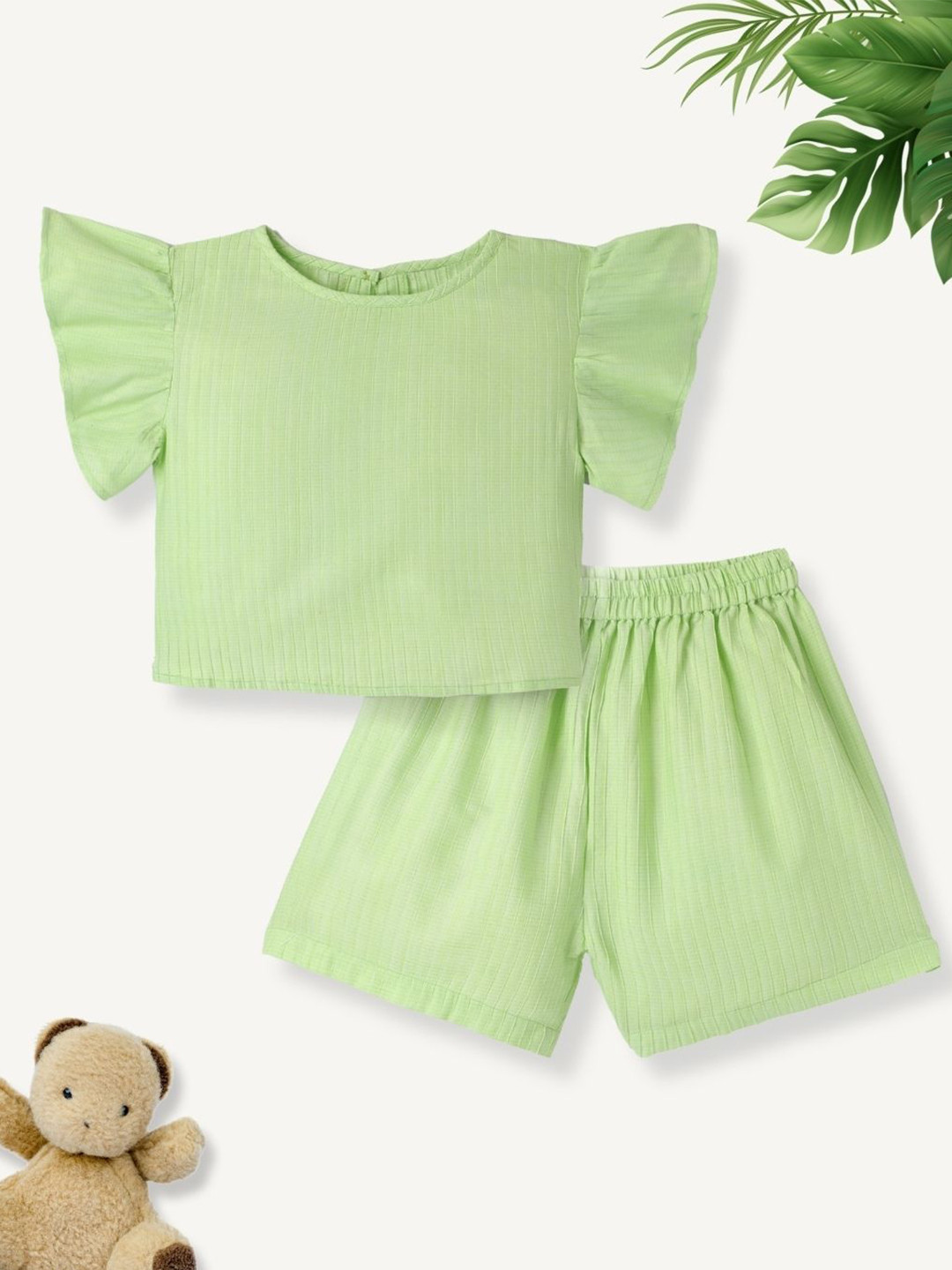 FUNKRAFTS Girls Striped Flutter Sleeves Pure Cotton Top & Shorts