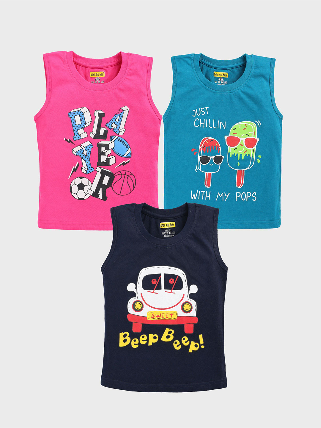 Baba & Baby Boys Pack Of 3 printed Cotton Regular Fit T-shirt