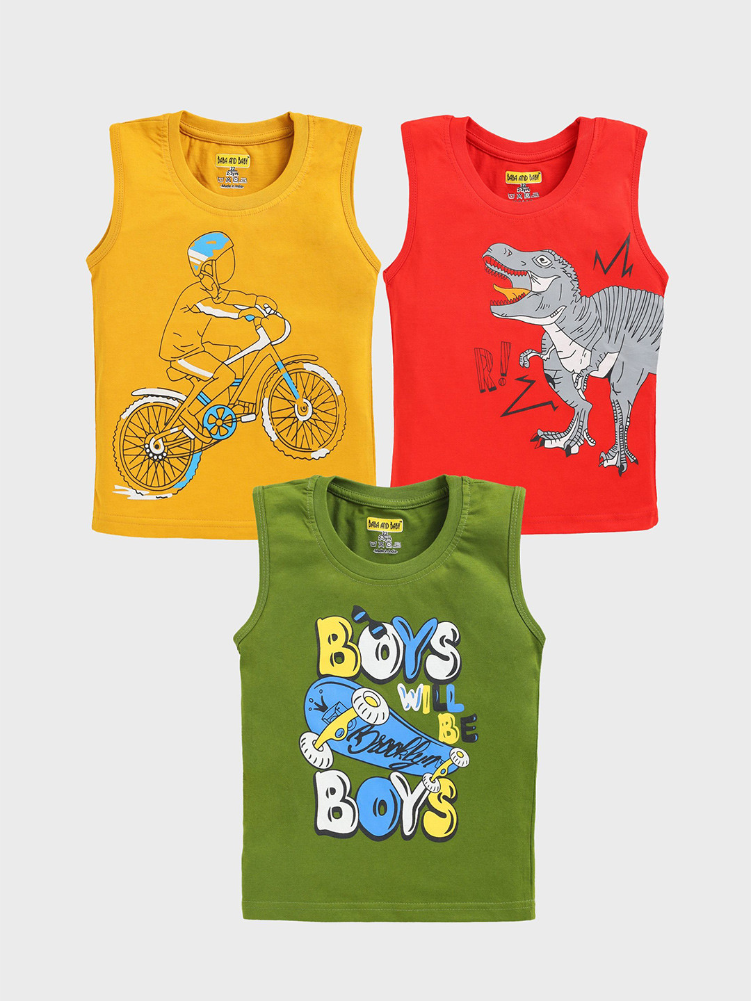 Baba & Baby Boys Pack Of 3 Graphic printed Cotton Regular Fit T-shirt