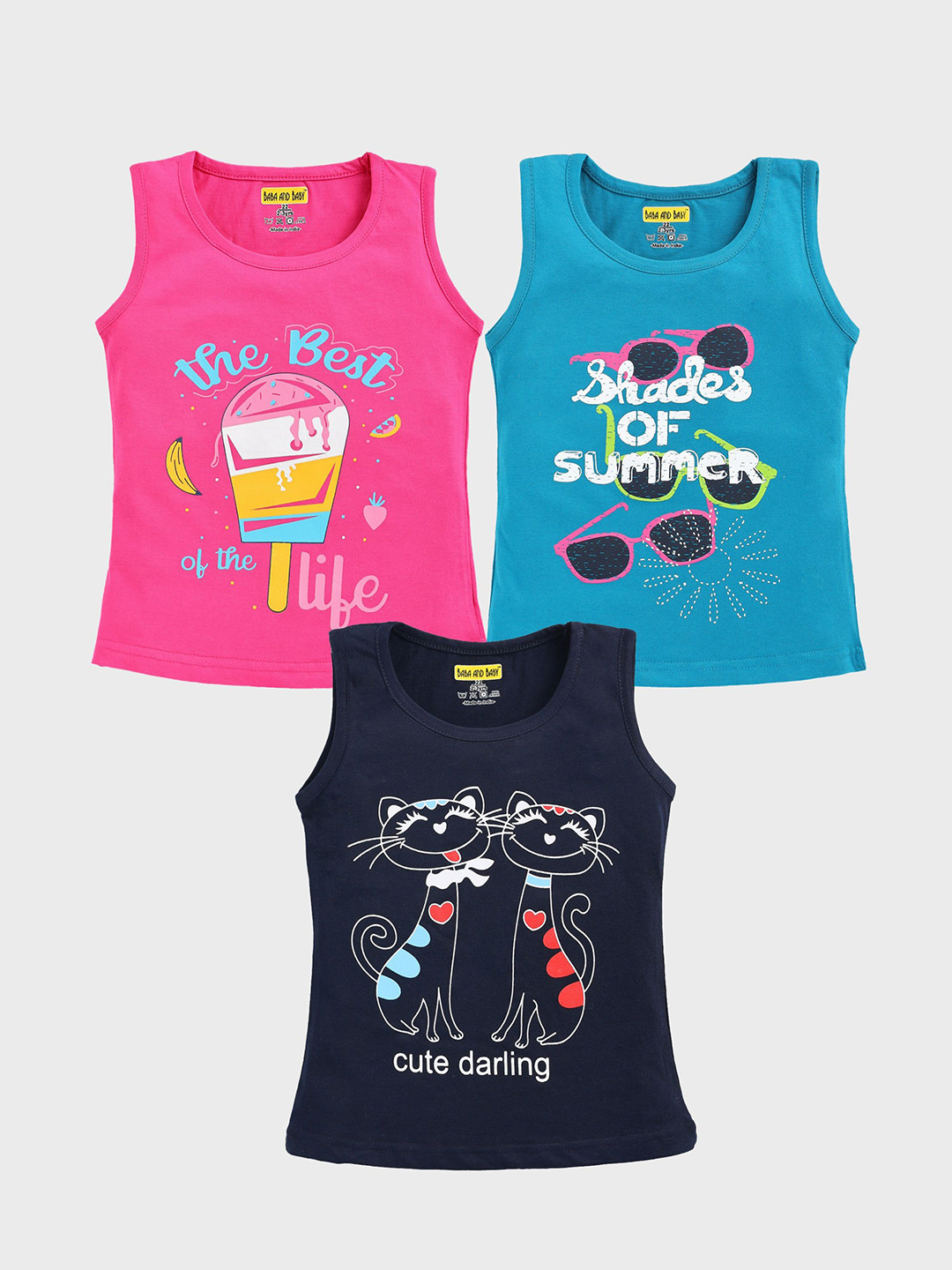 Baba & Baby Girls Pack Of 3 Graphic printed Cotton Regular Fit T-shirt