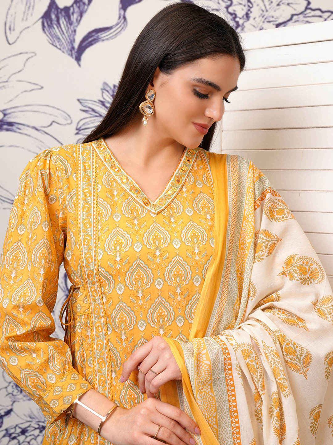 Vishudh Mustard Ethnic Motifs Printed Regular Pure Cotton Kurta with Trouser & Dupatta