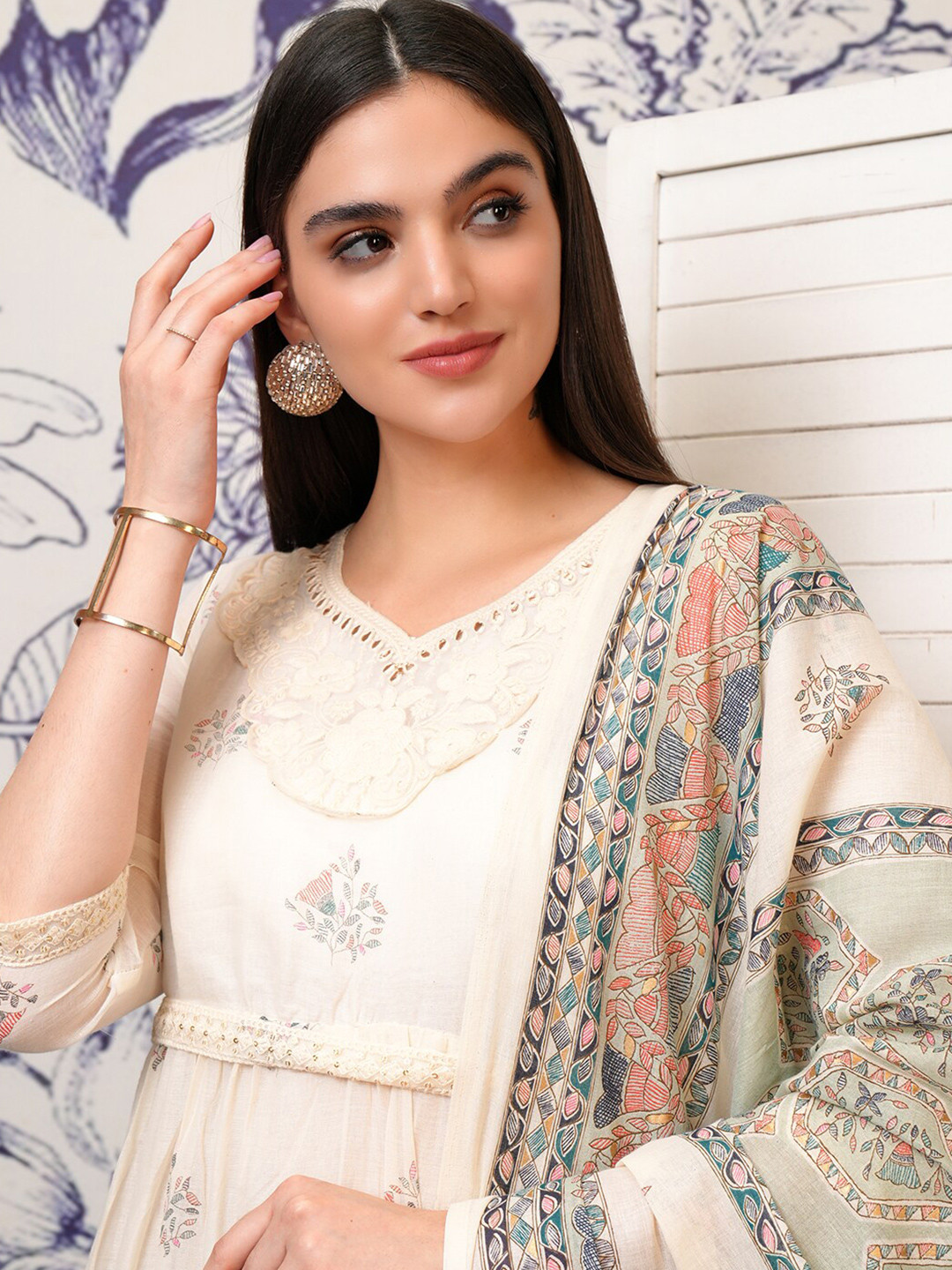 Vishudh White Printed Gathered Midi Fit & Flare Ethnic Dresses With Dupatta & Belt