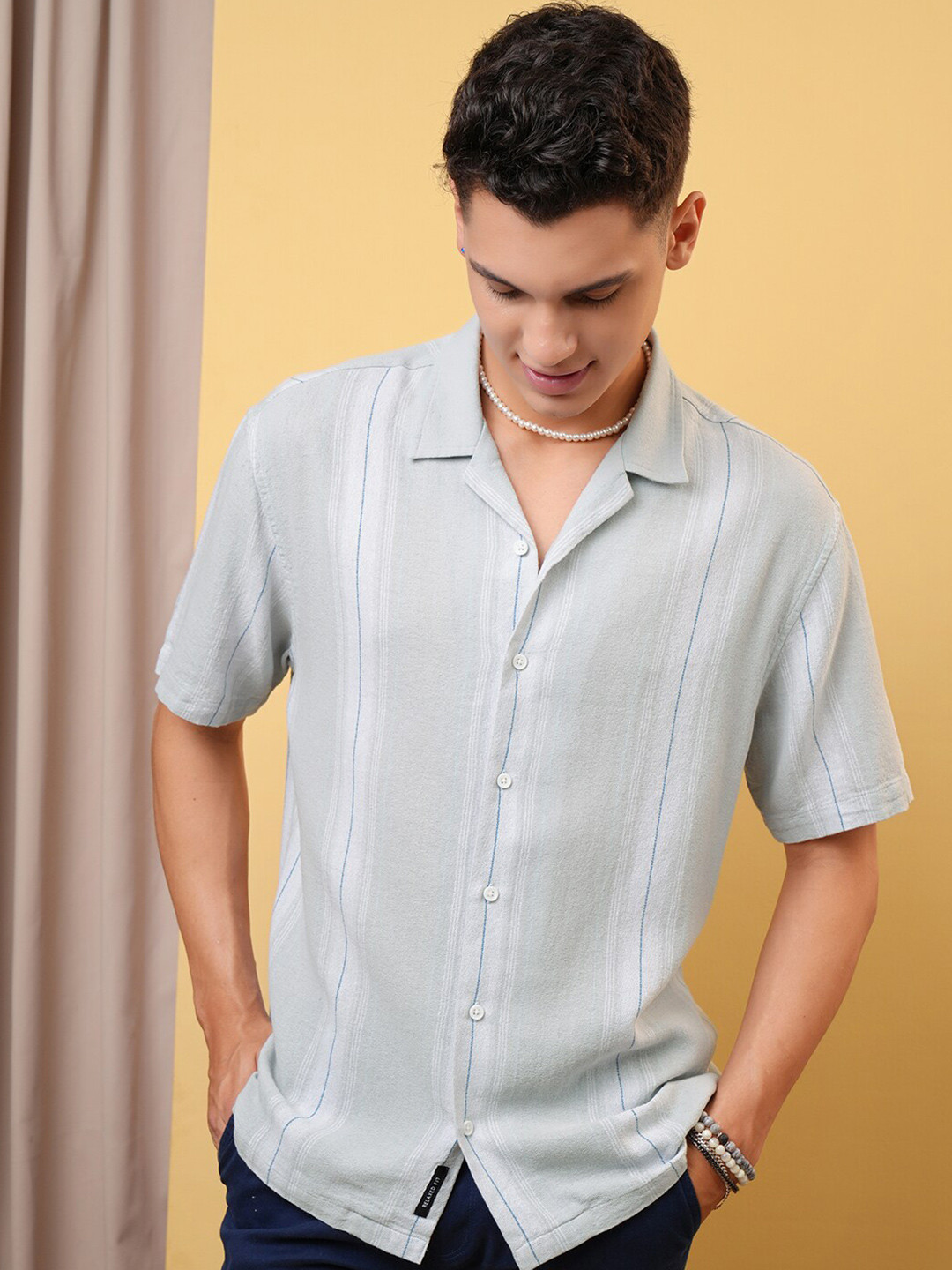 LOCOMOTIVE Premium Light Grey Dobby Striped Cuban Collar Cotton Relaxed Shirt