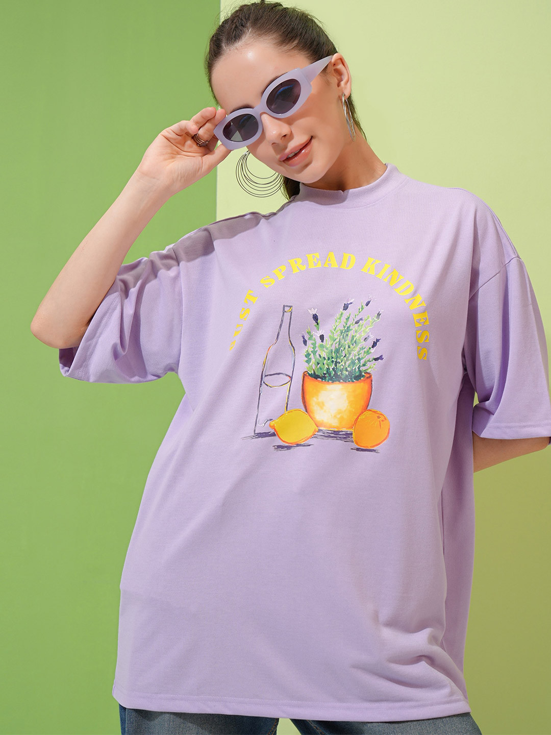 Tokyo Talkies Lavender Colour Printed Dropshoulder Oversized T-shirt
