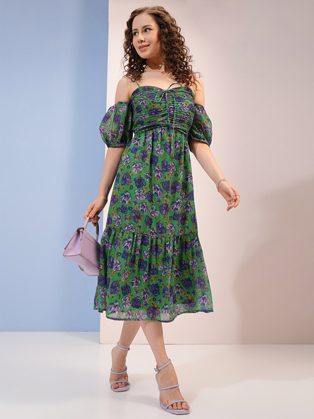 Tokyo Talkies Purple & Green Floral Printed Off-Shoulder Cold-Shoulder A-Line Midi Dress