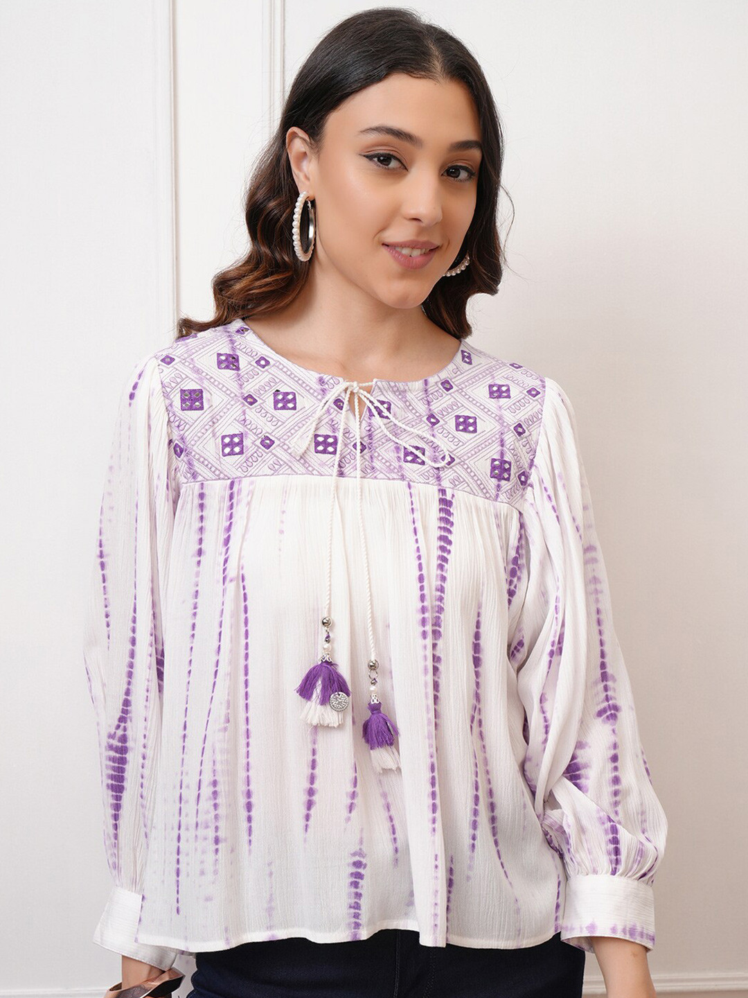 Vishudh Purple Embroidered & Printed Tie-Up Neck High-Low Top