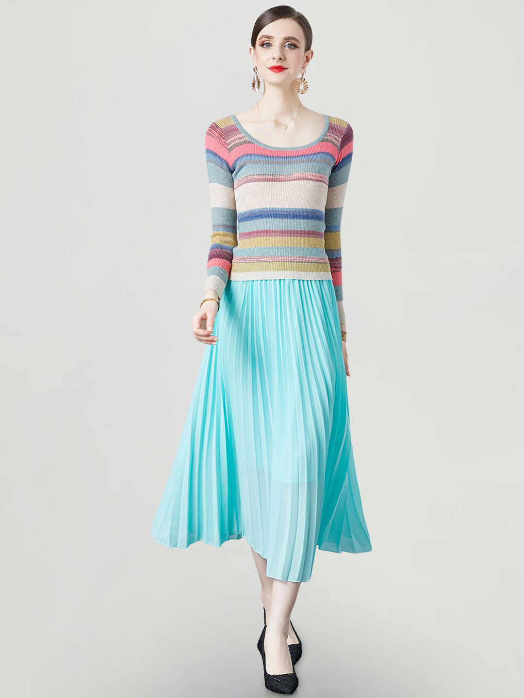 JC Collection Striped Scoop Neck Top With Skirt Co-Ords Set