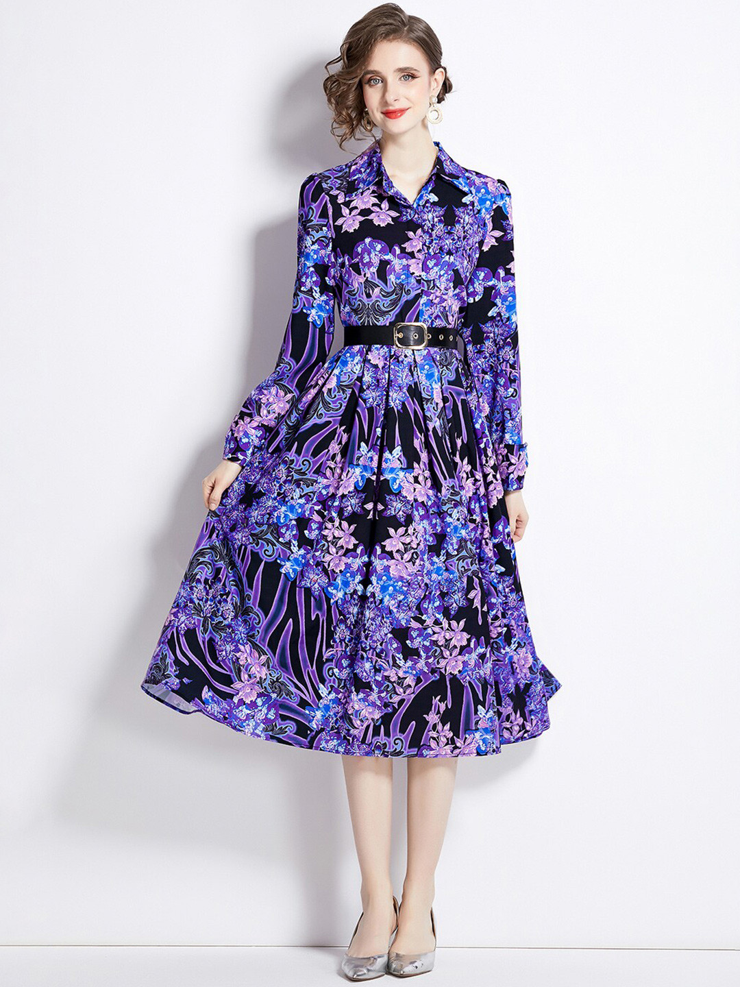 JC Collection Floral Printed Shirt Collar Fit & Flare Midi Dress