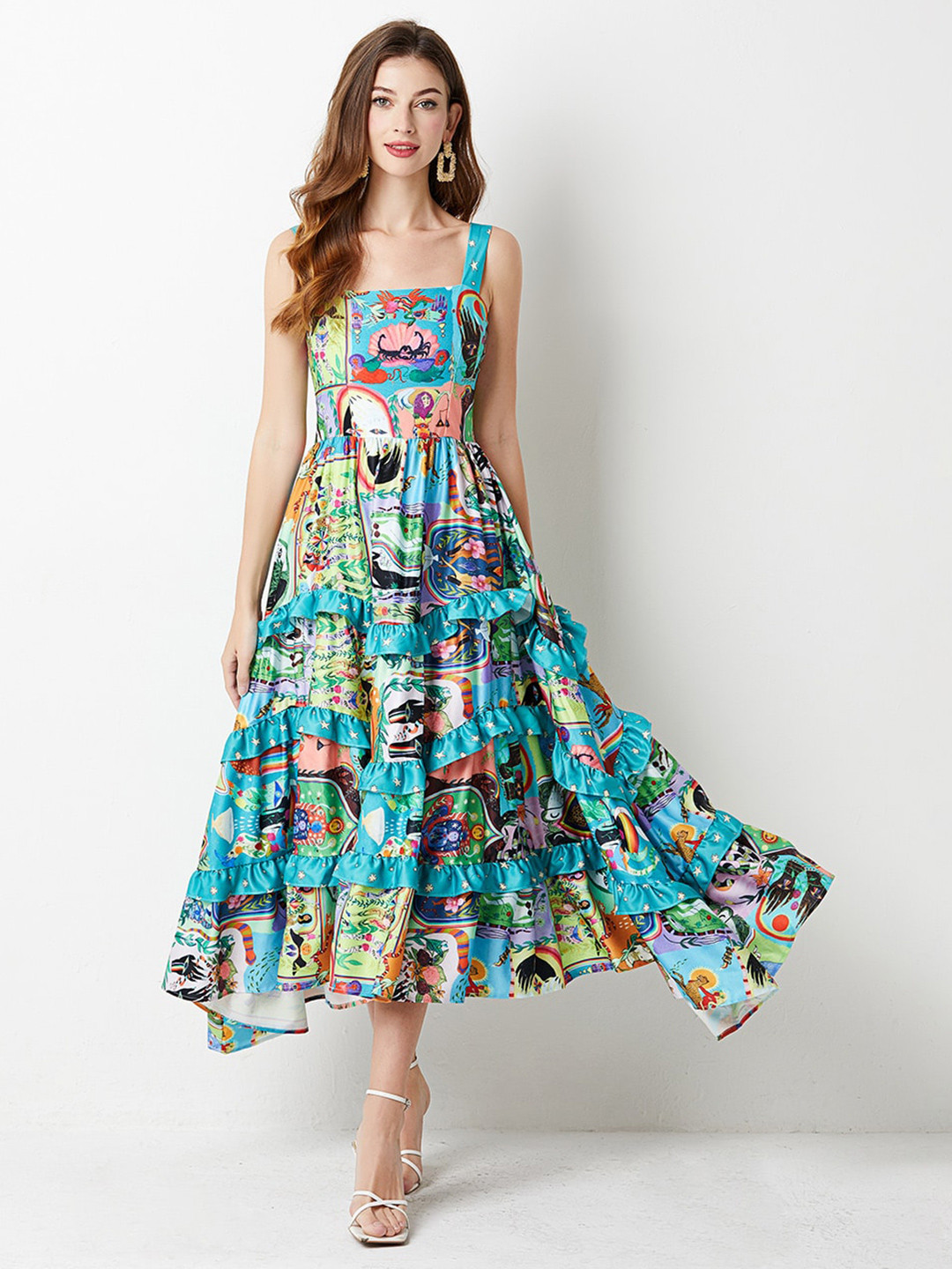 JC Collection Graphic Printed Tiered Fit & Flare Midi Dress