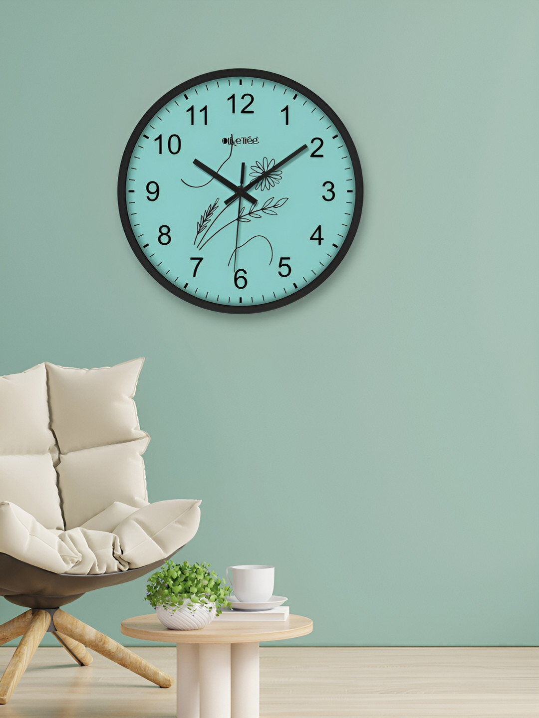 OLIVE TREE Black & Sea Green Printed Round Shaped Contemporary Analogue Wall Clock