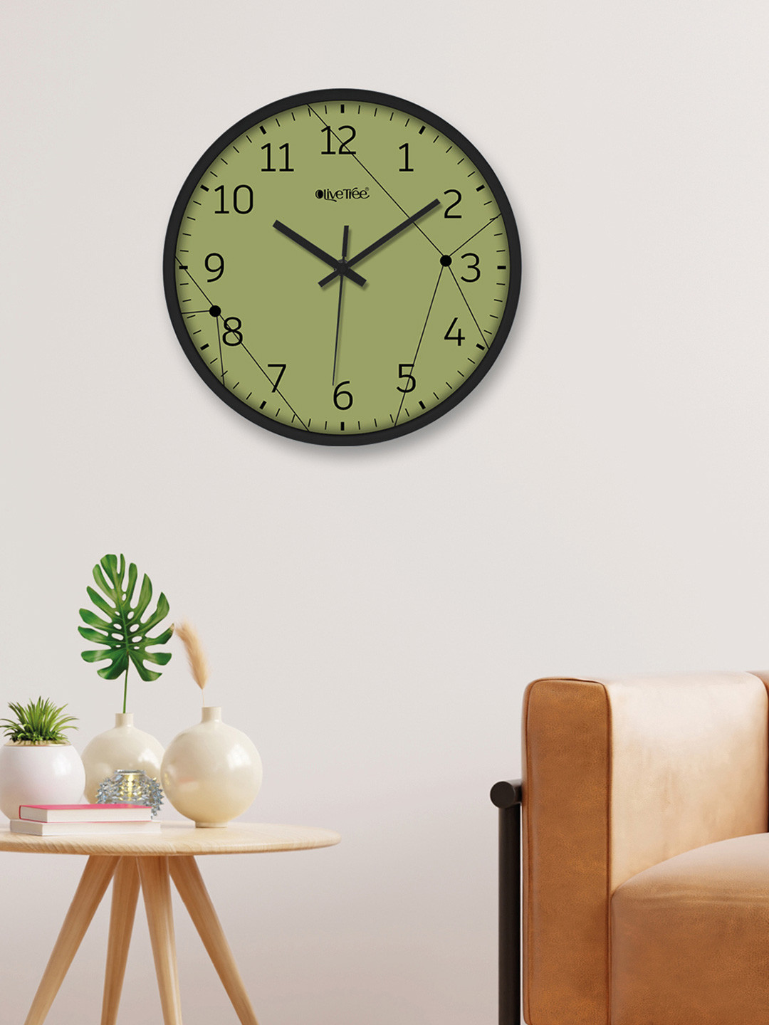 OLIVE TREE Black & Olive Green Printed  Analogue Round Contemporary Wall Clock