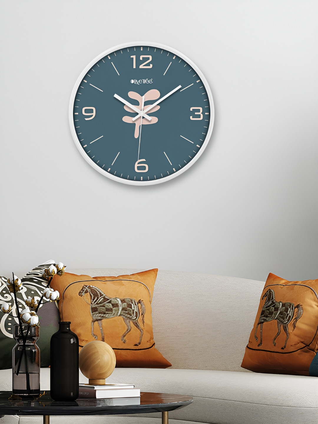 OLIVE TREE White & Teal Blue Printed Round Shaped Contemporary Analogue Wall Clock