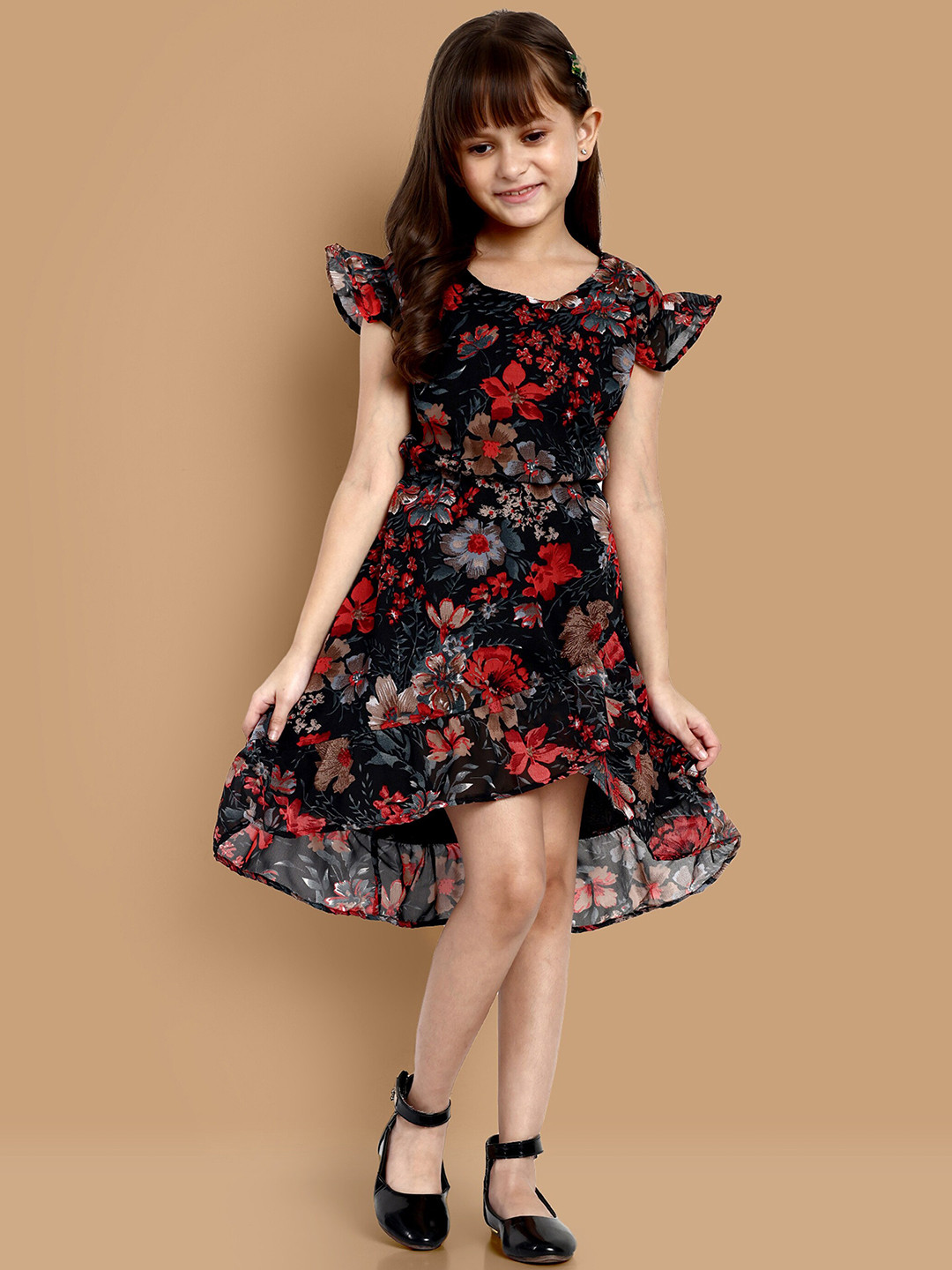 YK Girls Floral Printed Cap Sleeves Fit & Flare Dress