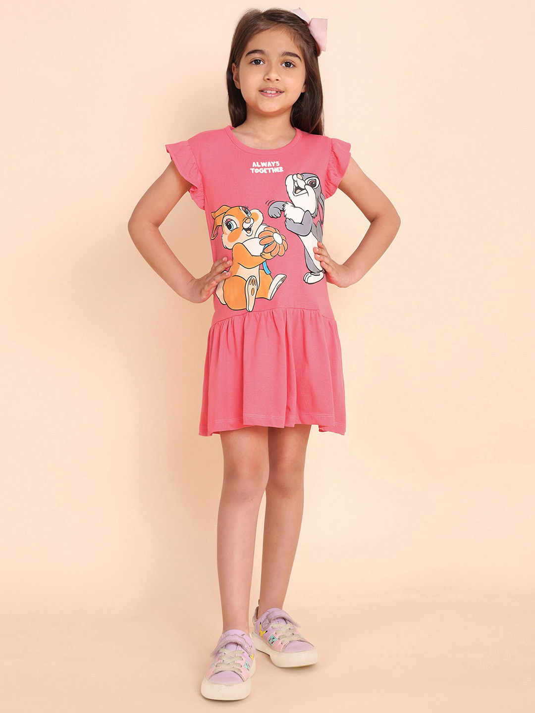 YK Girls Printed Fluttered Sleeves Fit & Flare Dress