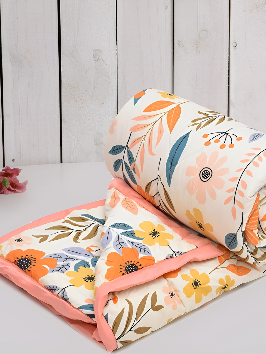 RRC Cream & Orange Floral AC Room 210 GSM Double Bed Comforter