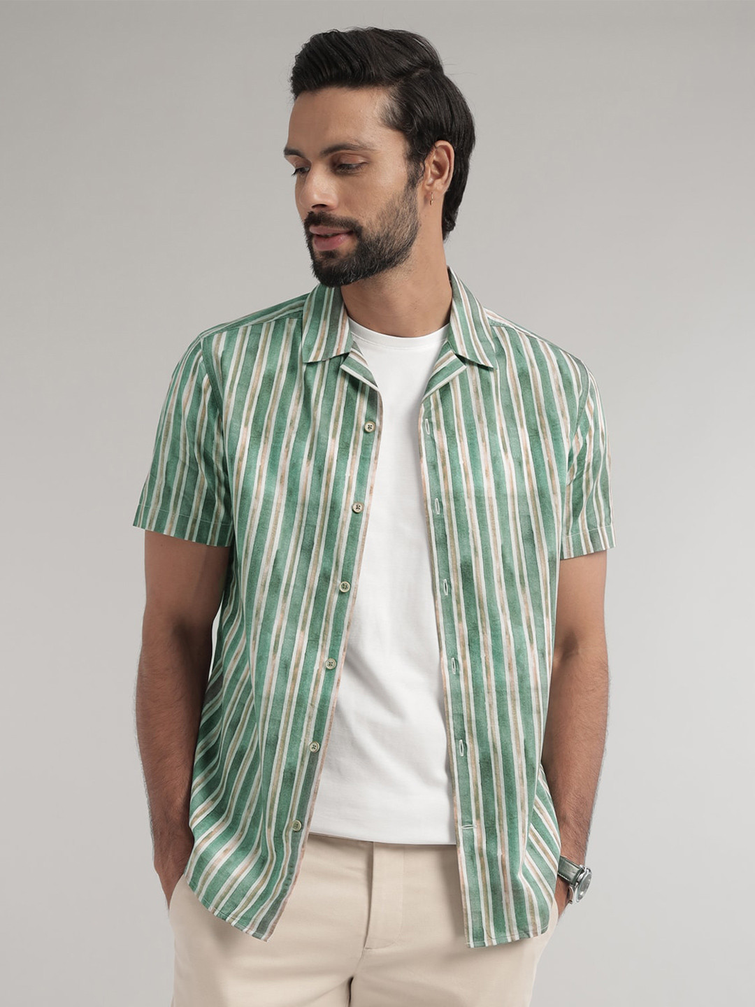 Andamen Premium Multi Striped Spread Collar Short Sleeves Cotton Slim Fit  Shirt