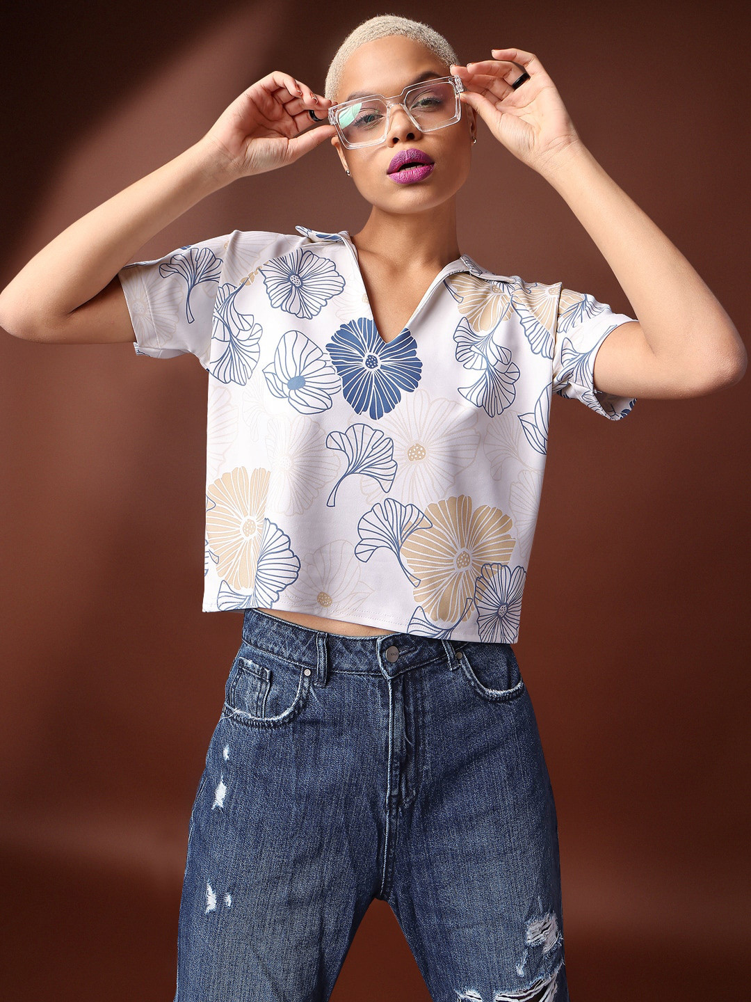 PURVAJA Floral Print V-Neck Short Sleeve Top