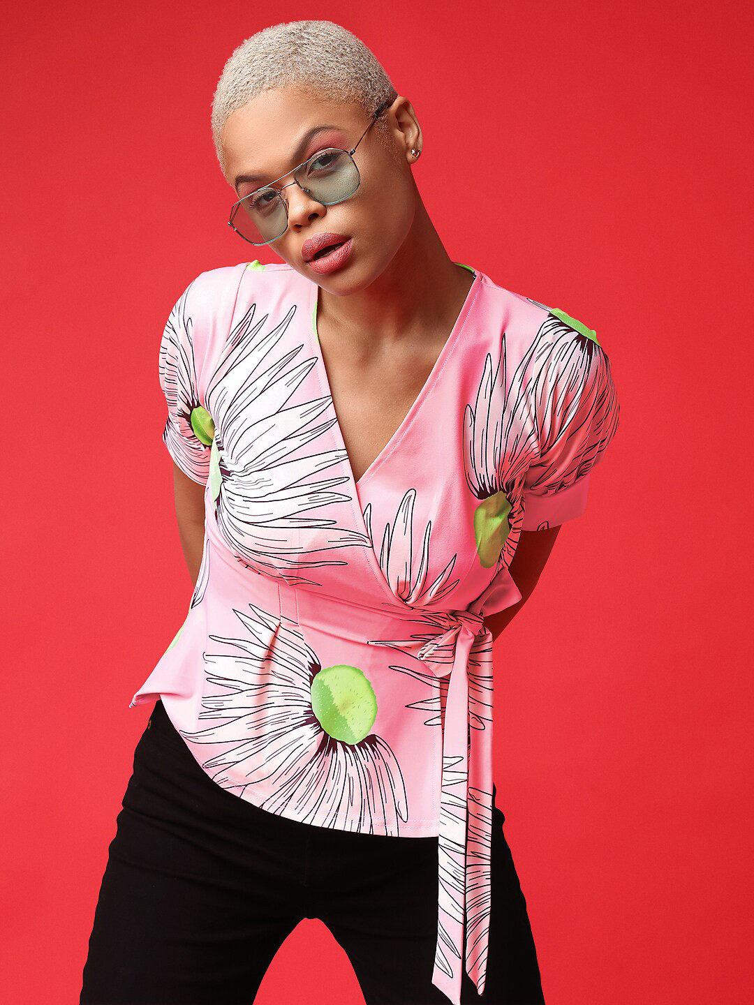 PURVAJA City Look Floral Print Puff Sleeves Wrap Top