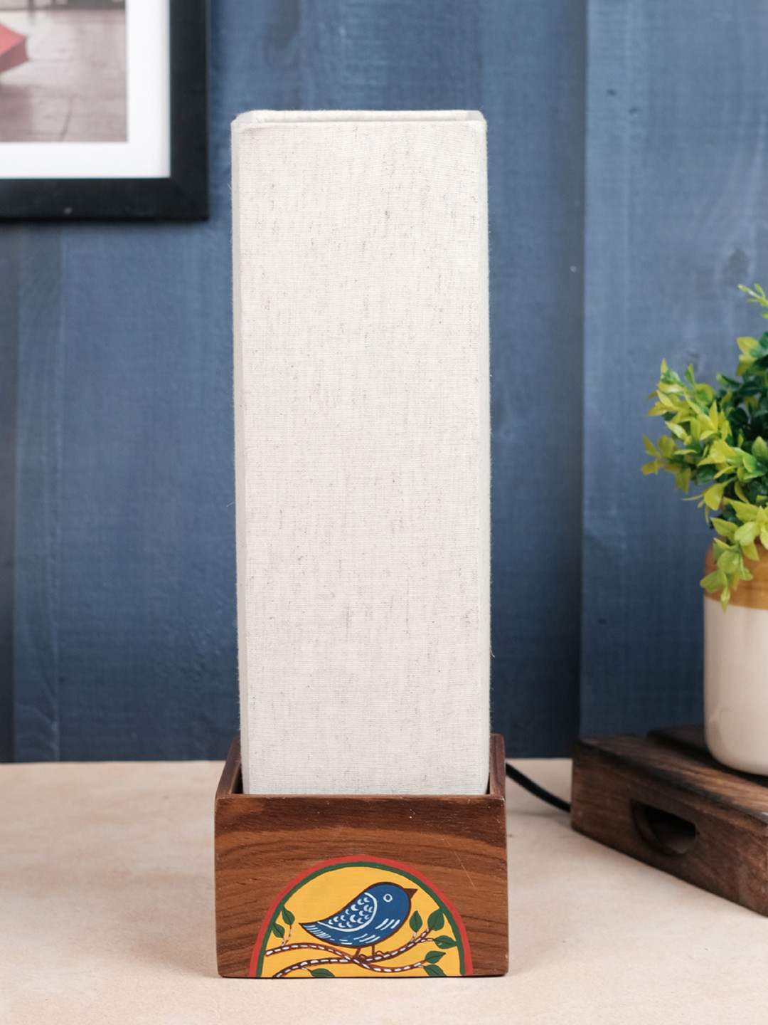 VarEesha Neel Blue Textured Wooden Traditional Rectangle Table Lamp