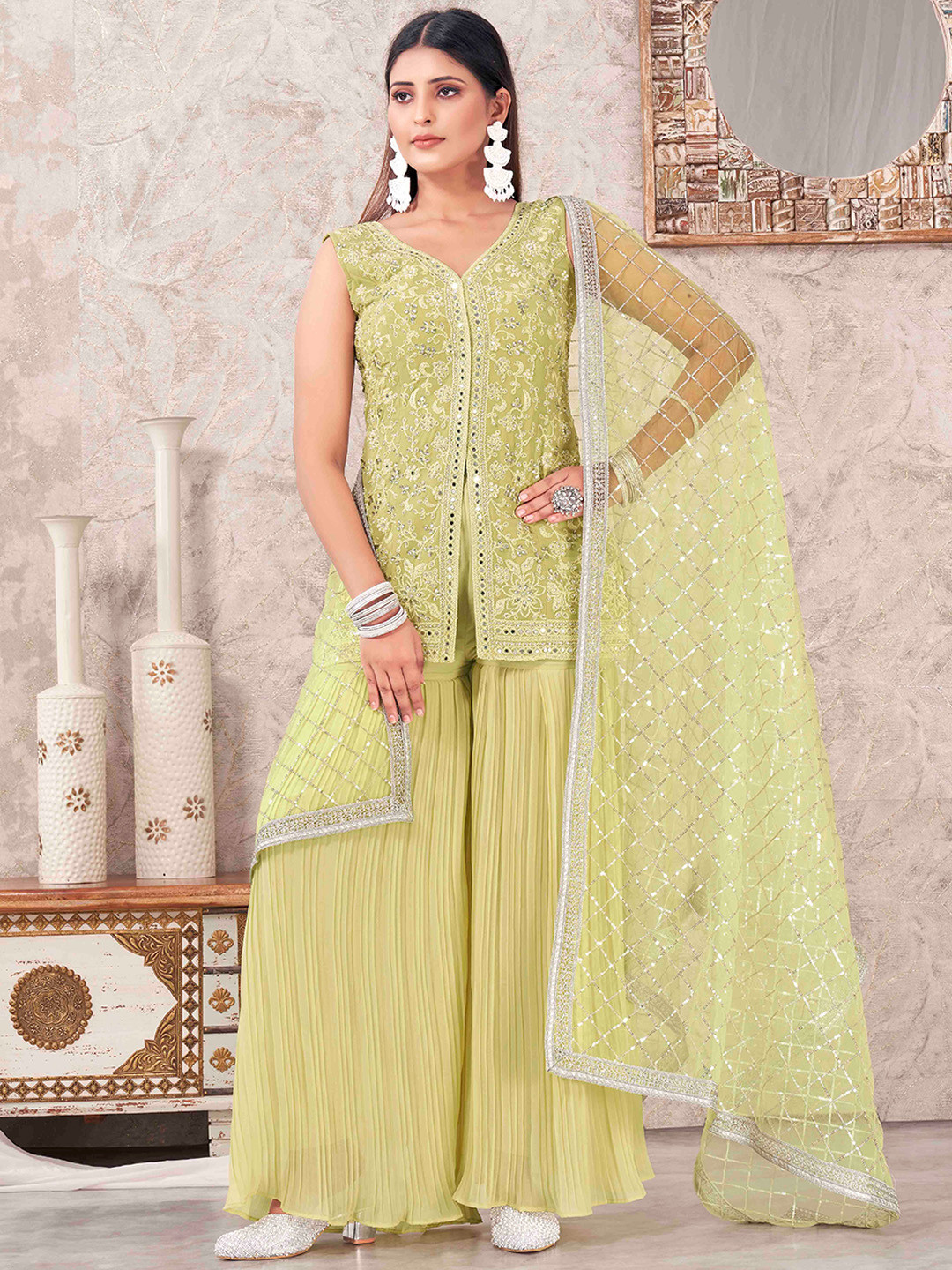 flaher Ethnic Motifs Embroidered Georgette Sleeveless Straight Kurti & Sharara & Dupatta