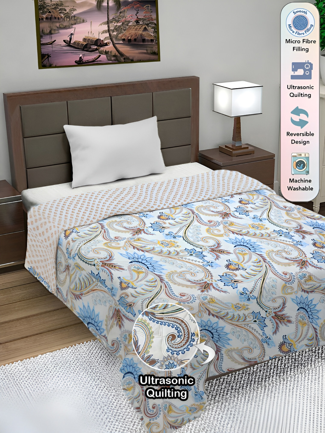 FABINALIV White & Blue Floral Ultrasonic Quilted Reversible 350 GSM Single Bed Comforter