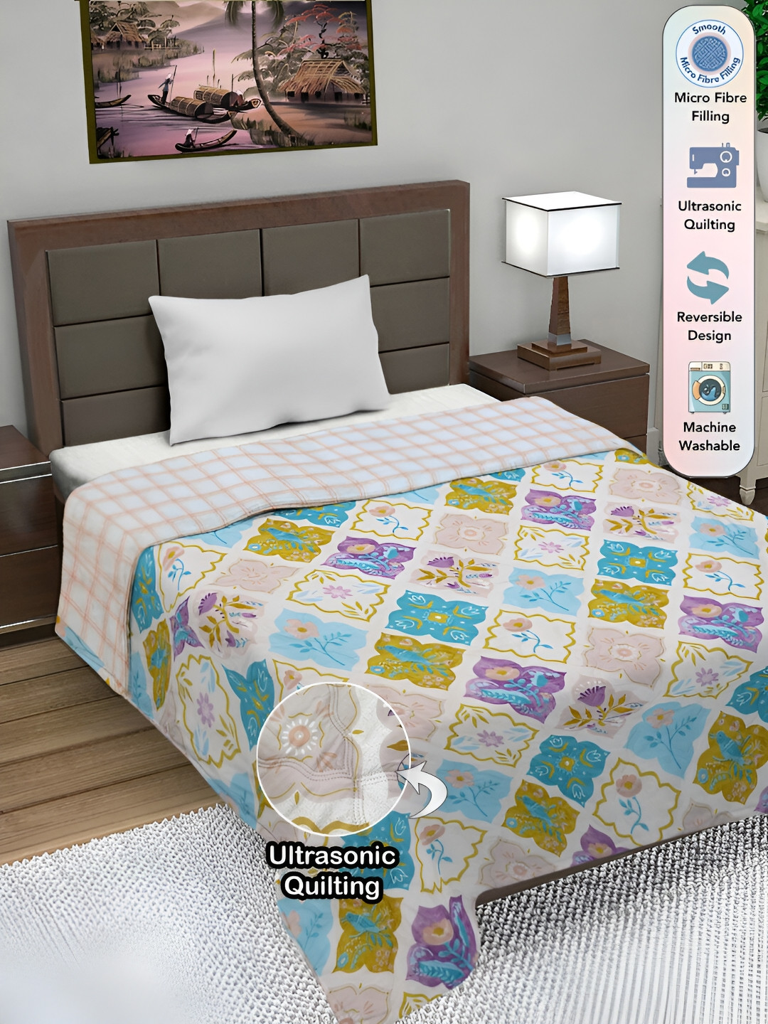 FABINALIV Geometric Ultrasonic Quilted Reversible 350 GSM AC Room Single Bed Comforter