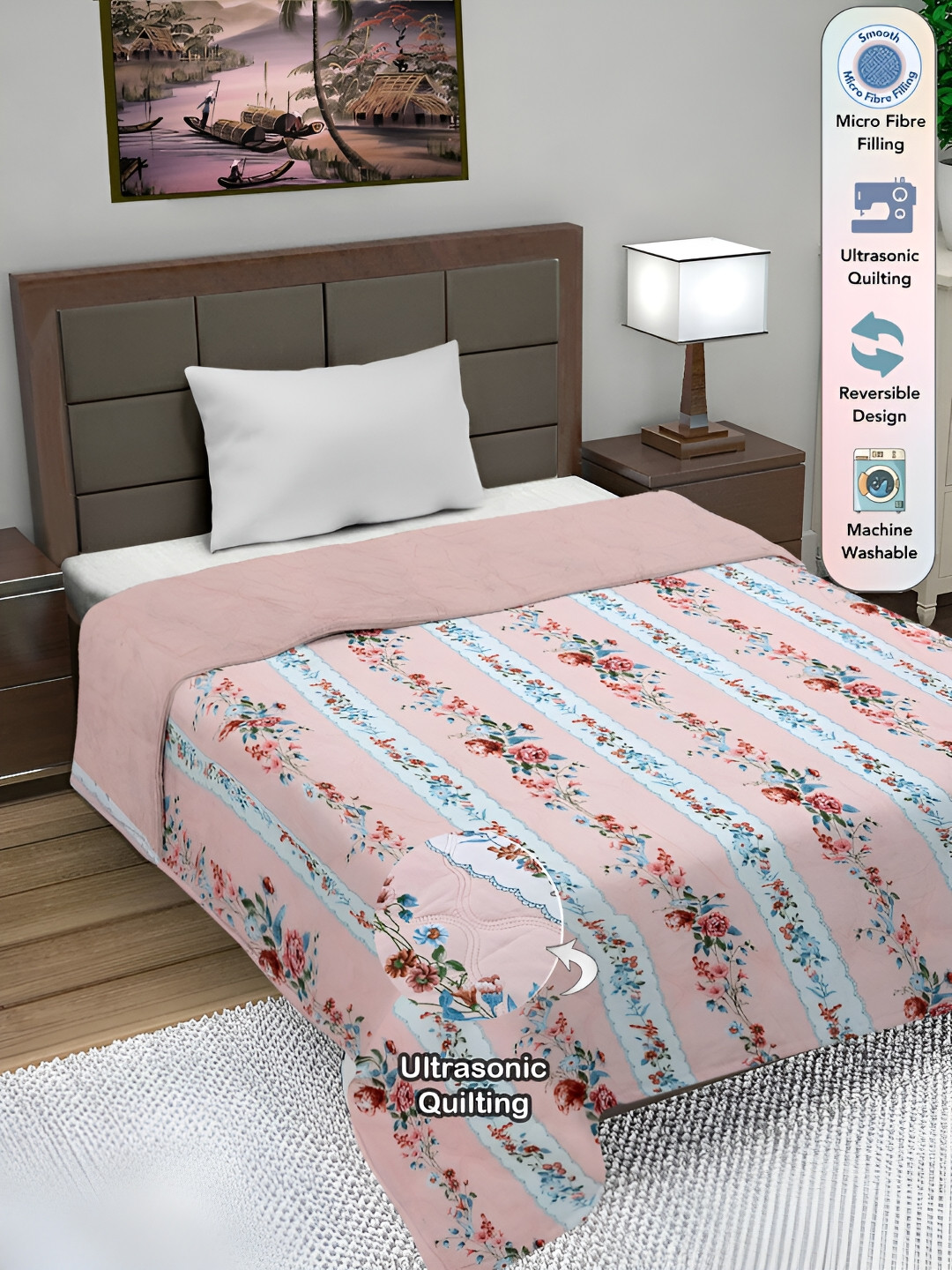 FABINALIV Pink Floral Ultrasonic Quilted Reversible 350 GSM AC Room Single Bed Comforter