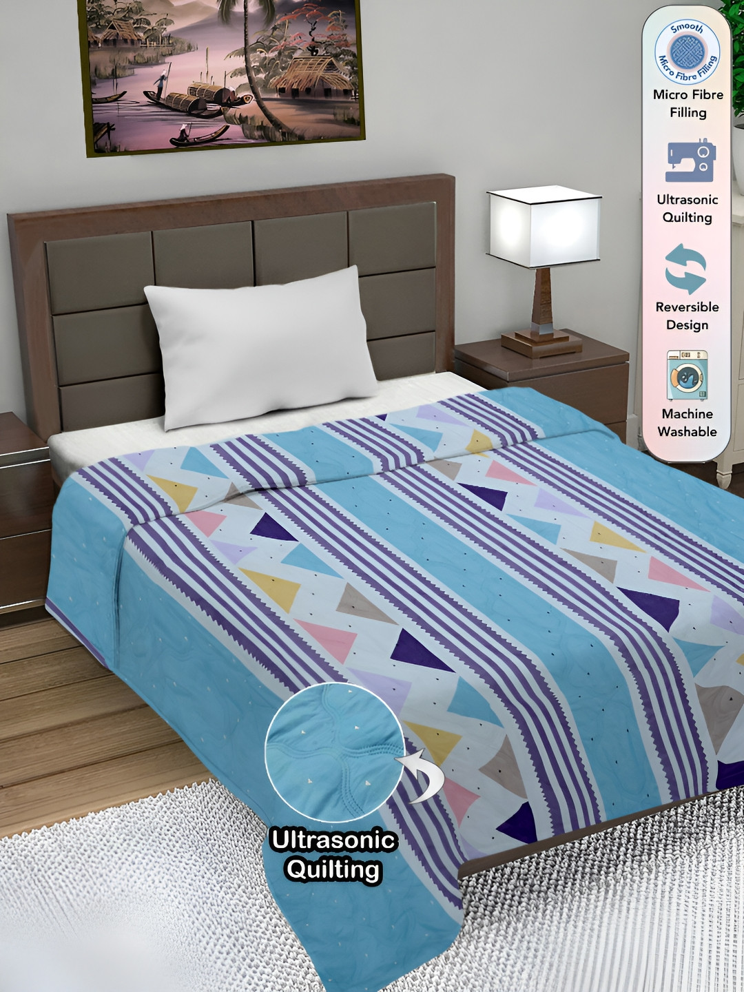 FABINALIV Geometric Ultrasonic Quilted Reversible 350 GSM AC Room Single Bed Comforter