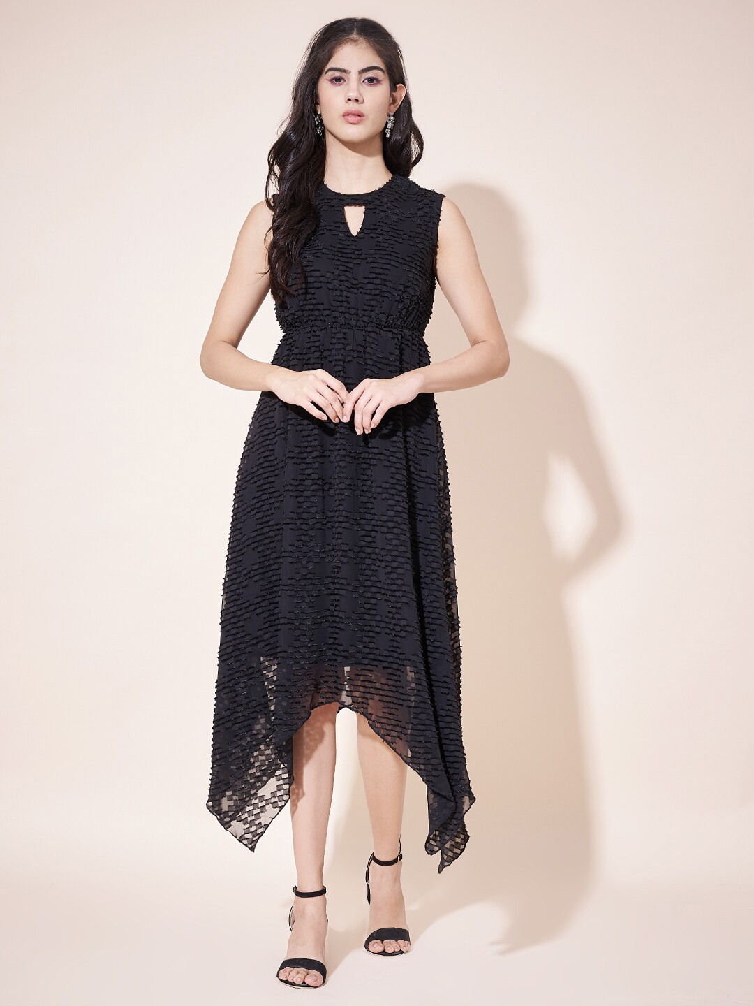 Justin Whyte Self Design Round Neck Sleeveless Fit and Flare Midi Dress