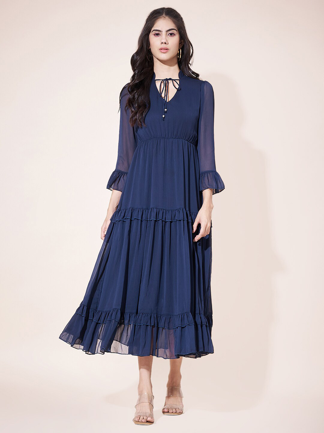 Justin Whyte Mandarin Collar Bell Sleeve Chiffon Fit & Flare Tiered Midi Dress